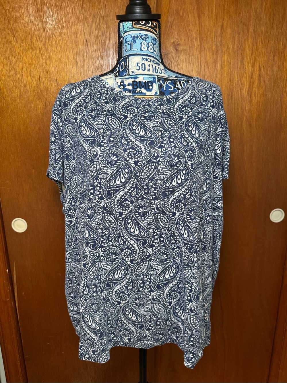 St. John's Bay Navy and White Paisley Short Sleeve Tee